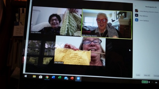 Members of the Knitting Group met by internet conferencing during the 2020 pandemic.